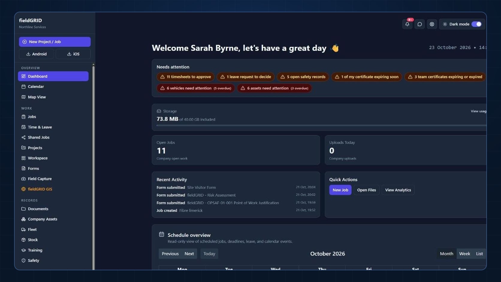 fieldGRID web workspace dashboard with items that need attention, open jobs and recent activity